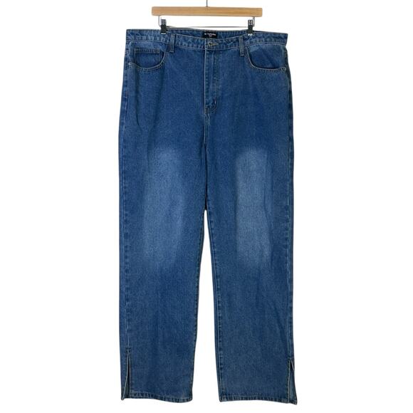 NWT PrettyLittleThing Split Hem Jeans Womens 16 Medium Wash High Rise Straight - Picture 2 of 7